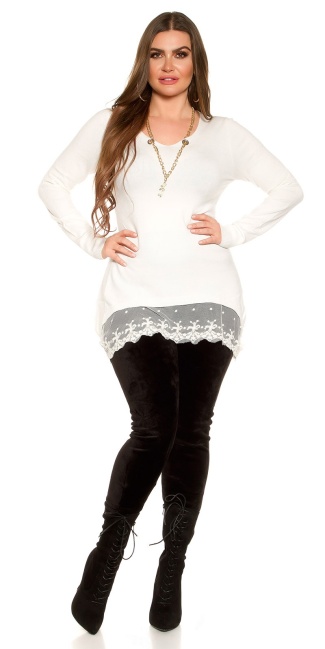 Curvygirlssize! pullover met chain & kant wit